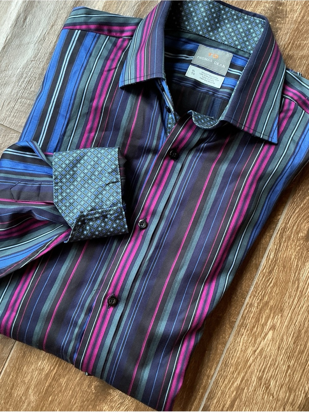 Thomas Dean Men's Striped Dress Shirt in Black, Pink & Blue